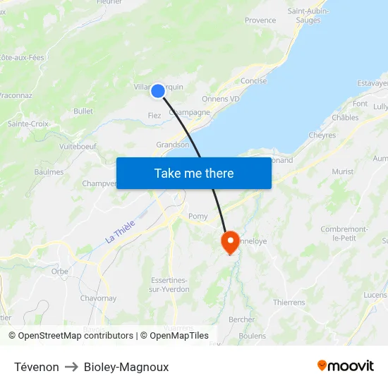 Tévenon to Bioley-Magnoux map