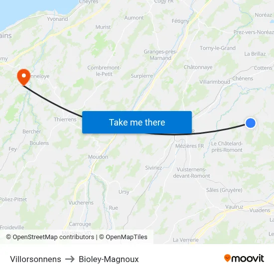 Villorsonnens to Bioley-Magnoux map