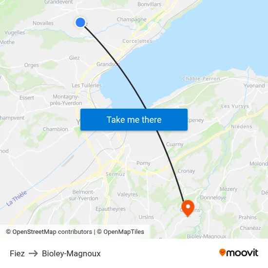 Fiez to Bioley-Magnoux map