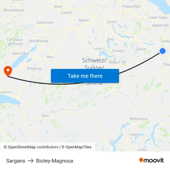 Sargans to Bioley-Magnoux map
