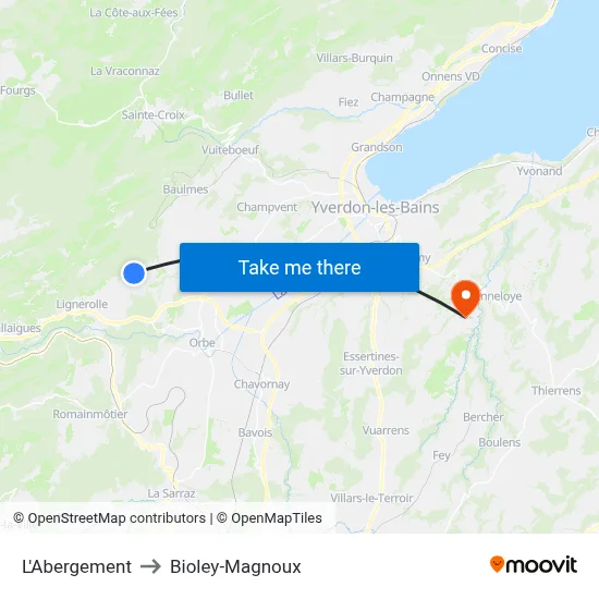 L'Abergement to Bioley-Magnoux map