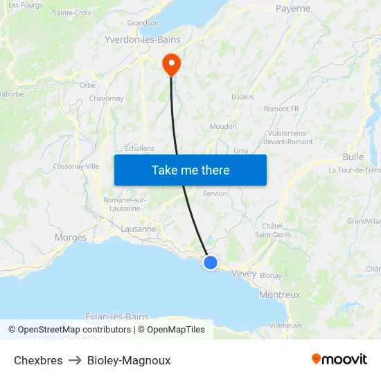 Chexbres to Bioley-Magnoux map