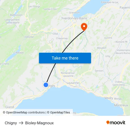 Chigny to Bioley-Magnoux map