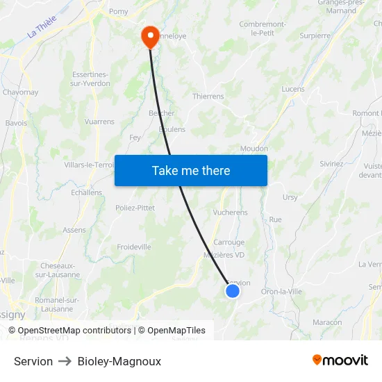 Servion to Bioley-Magnoux map