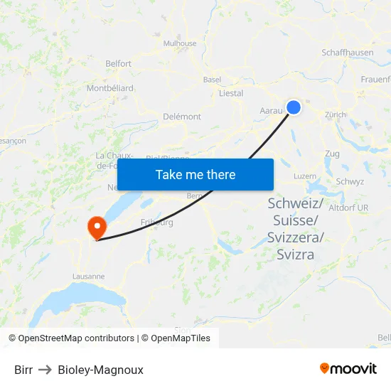 Birr to Bioley-Magnoux map