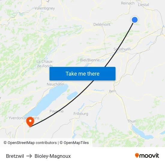 Bretzwil to Bioley-Magnoux map
