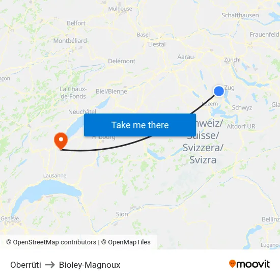 Oberrüti to Bioley-Magnoux map