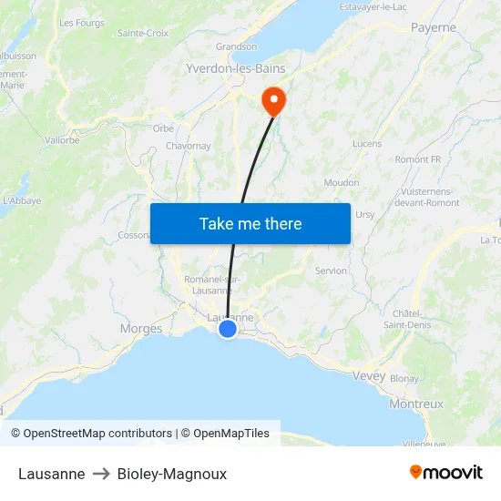 Lausanne to Bioley-Magnoux map