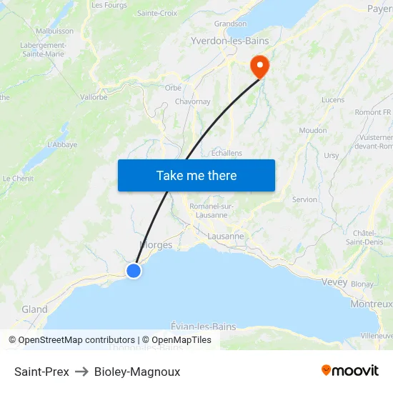 Saint-Prex to Bioley-Magnoux map