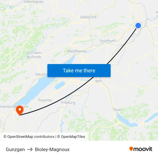 Gunzgen to Bioley-Magnoux map