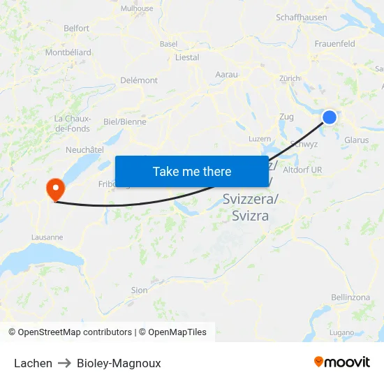 Lachen to Bioley-Magnoux map