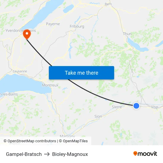 Gampel-Bratsch to Bioley-Magnoux map