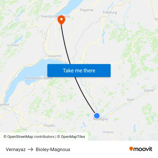 Vernayaz to Bioley-Magnoux map