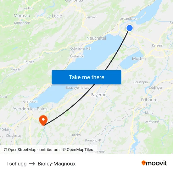 Tschugg to Bioley-Magnoux map