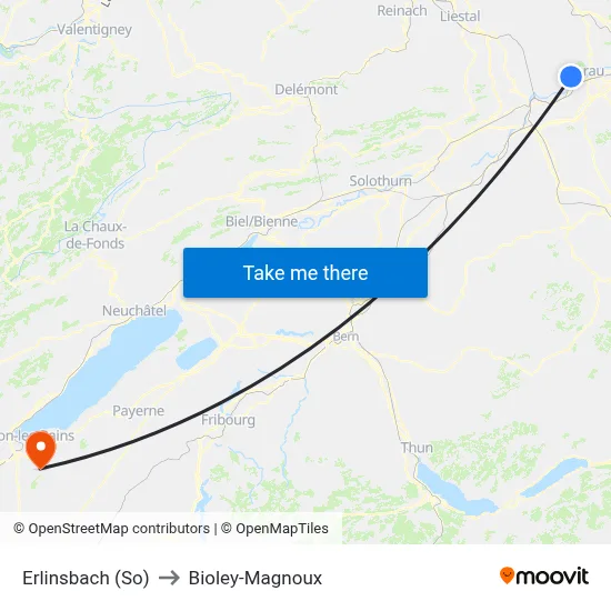 Erlinsbach (So) to Bioley-Magnoux map