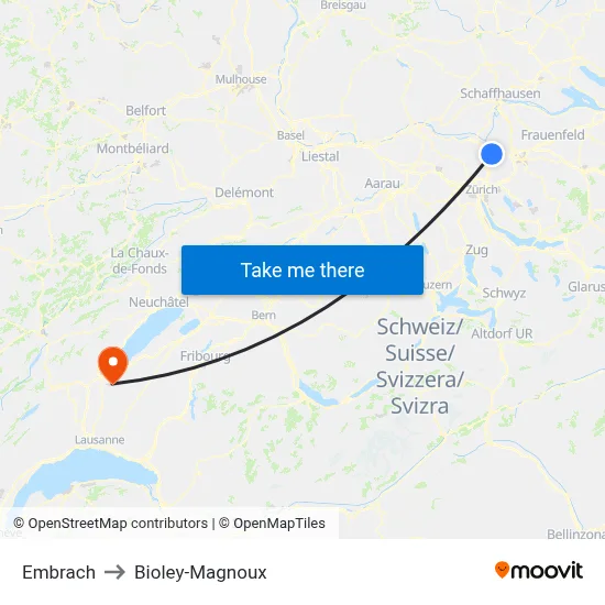 Embrach to Bioley-Magnoux map