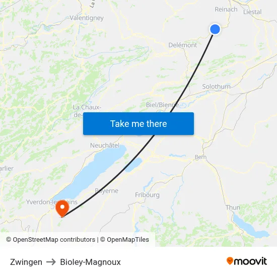 Zwingen to Bioley-Magnoux map