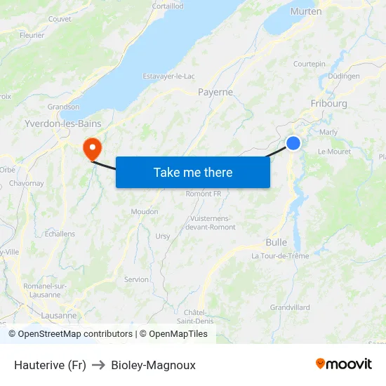 Hauterive (Fr) to Bioley-Magnoux map