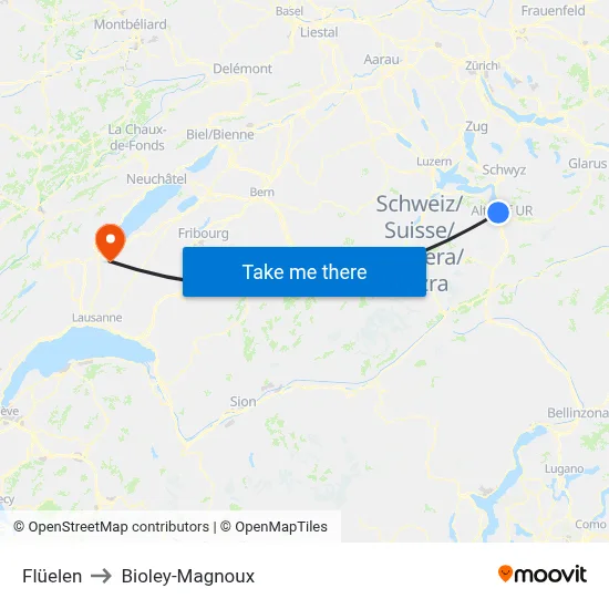 Flüelen to Bioley-Magnoux map