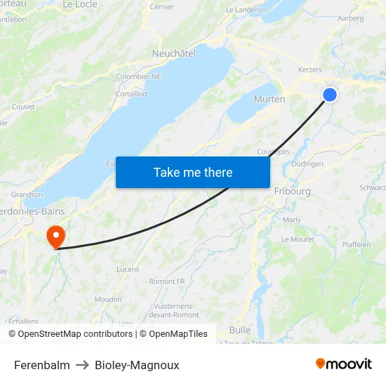 Ferenbalm to Bioley-Magnoux map
