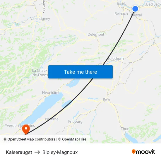 Kaiseraugst to Bioley-Magnoux map