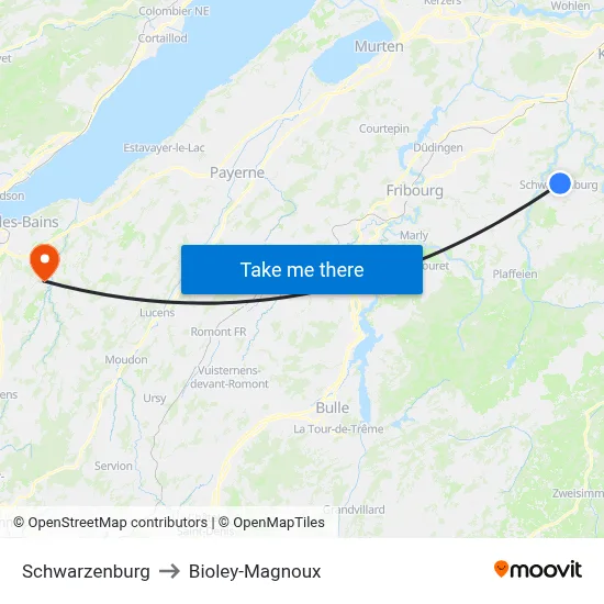Schwarzenburg to Bioley-Magnoux map