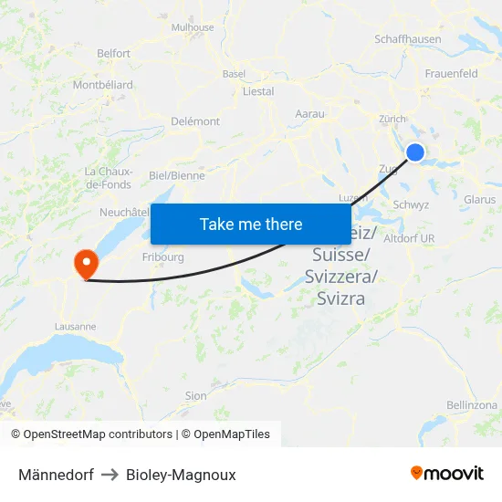 Männedorf to Bioley-Magnoux map