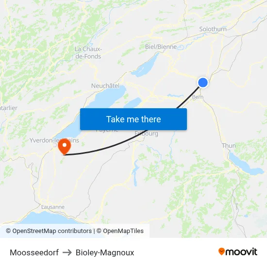 Moosseedorf to Bioley-Magnoux map