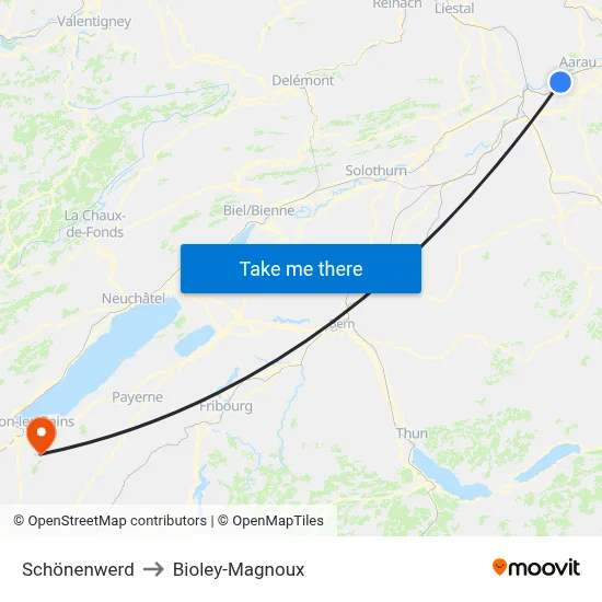 Schönenwerd to Bioley-Magnoux map