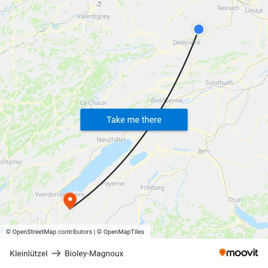 Kleinlützel to Bioley-Magnoux map