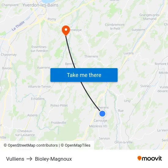 Vulliens to Bioley-Magnoux map