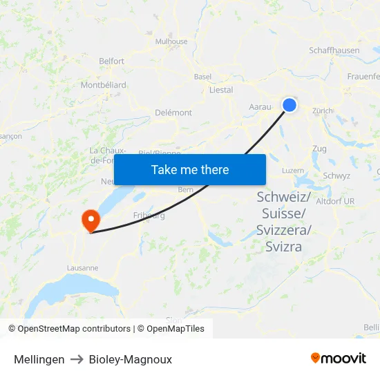 Mellingen to Bioley-Magnoux map