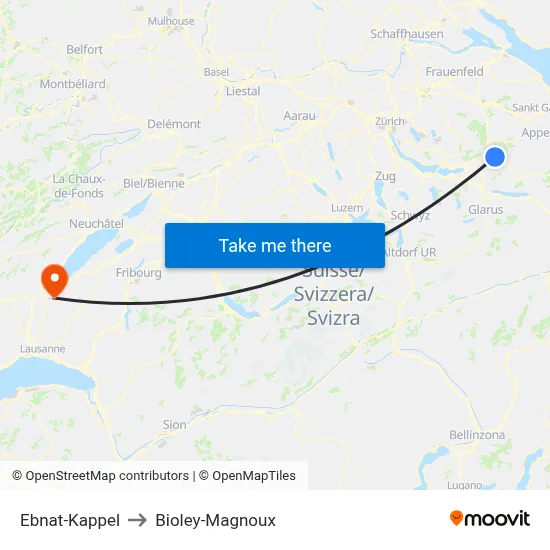 Ebnat-Kappel to Bioley-Magnoux map