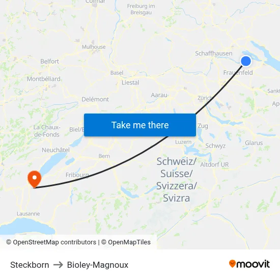 Steckborn to Bioley-Magnoux map
