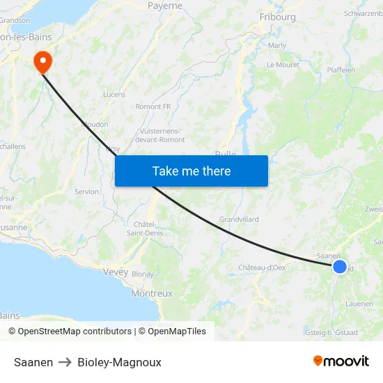 Saanen to Bioley-Magnoux map