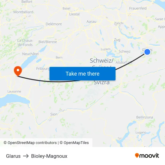 Glarus to Bioley-Magnoux map