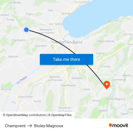 Champvent to Bioley-Magnoux map