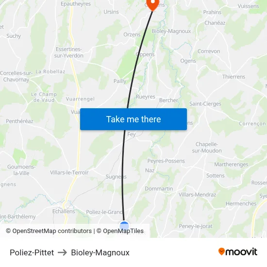 Poliez-Pittet to Bioley-Magnoux map