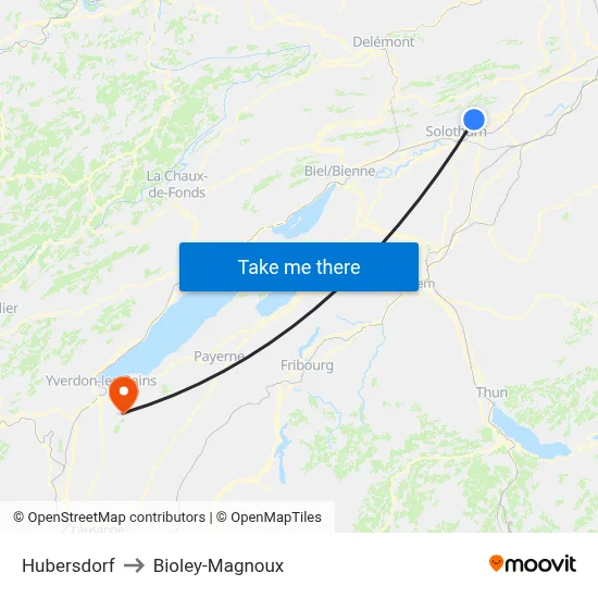 Hubersdorf to Bioley-Magnoux map