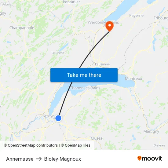 Annemasse to Bioley-Magnoux map