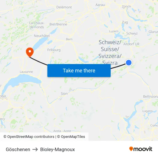 Göschenen to Bioley-Magnoux map