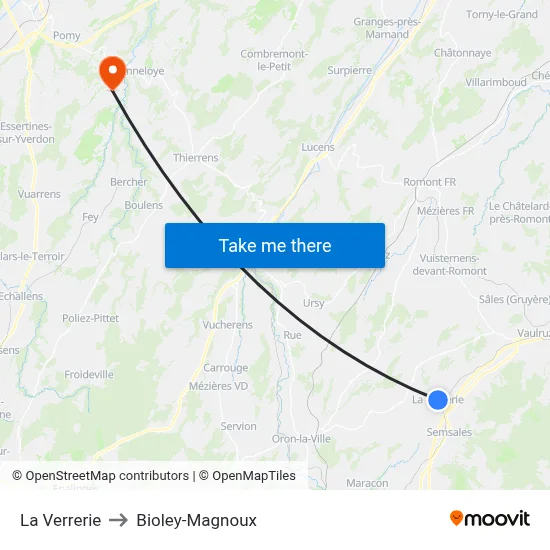 La Verrerie to Bioley-Magnoux map