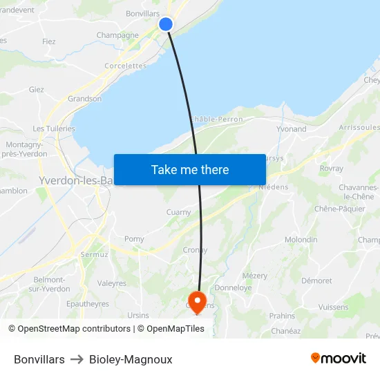 Bonvillars to Bioley-Magnoux map