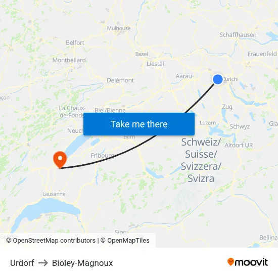 Urdorf to Bioley-Magnoux map