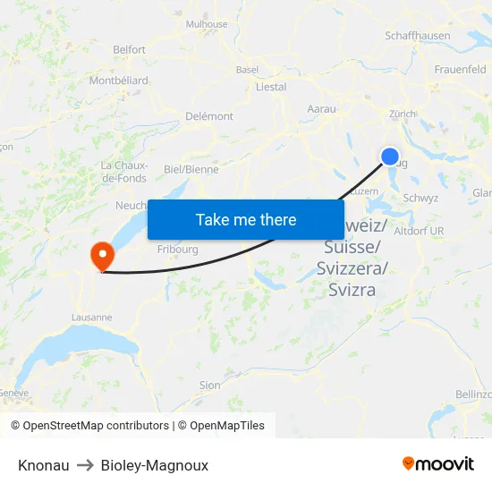Knonau to Bioley-Magnoux map