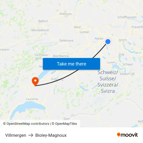 Villmergen to Bioley-Magnoux map