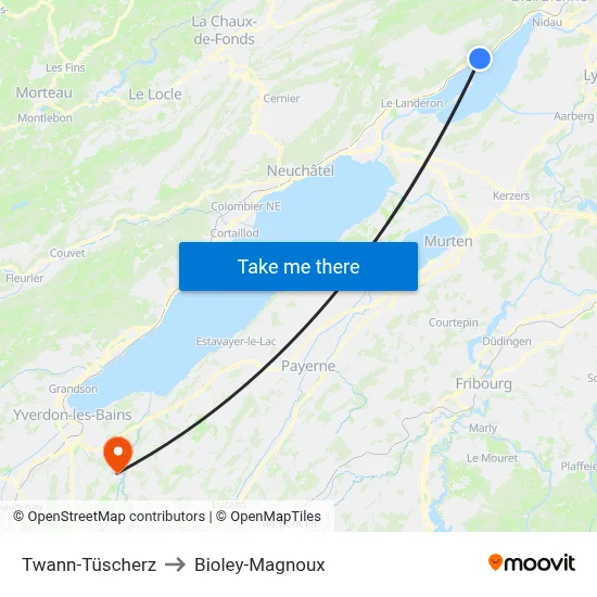 Twann-Tüscherz to Bioley-Magnoux map