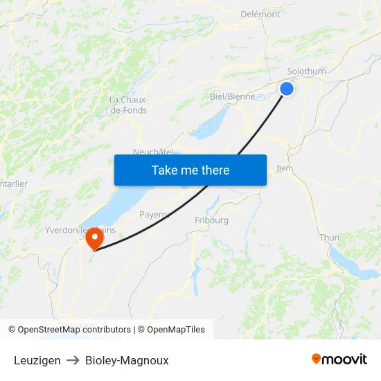 Leuzigen to Bioley-Magnoux map