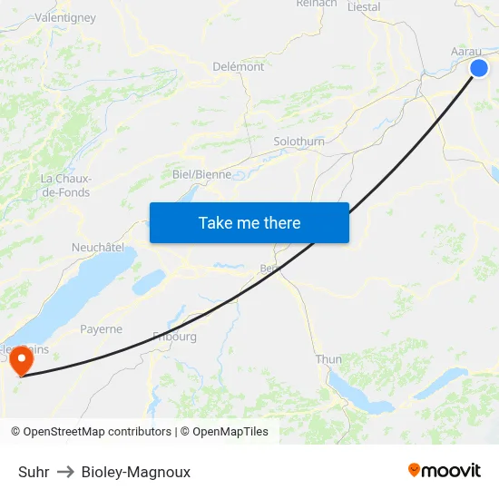 Suhr to Bioley-Magnoux map