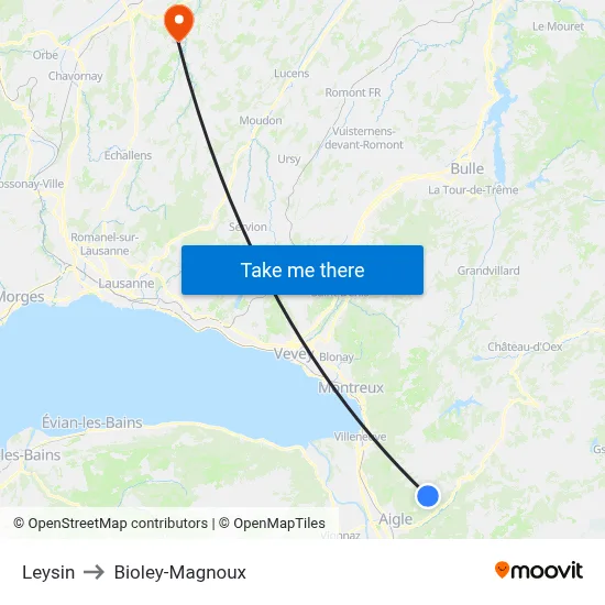 Leysin to Bioley-Magnoux map